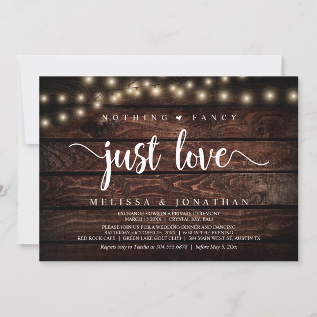 Nothing Fancy, Just Love, String Lights Elopement Invitation (Front)