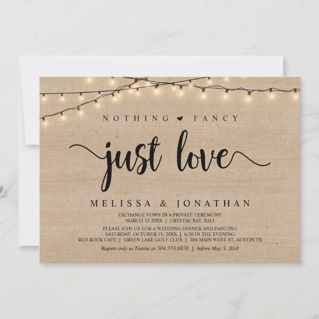 Nothing Fancy, Just Love, String Lights Elopement Invitation (Front)
