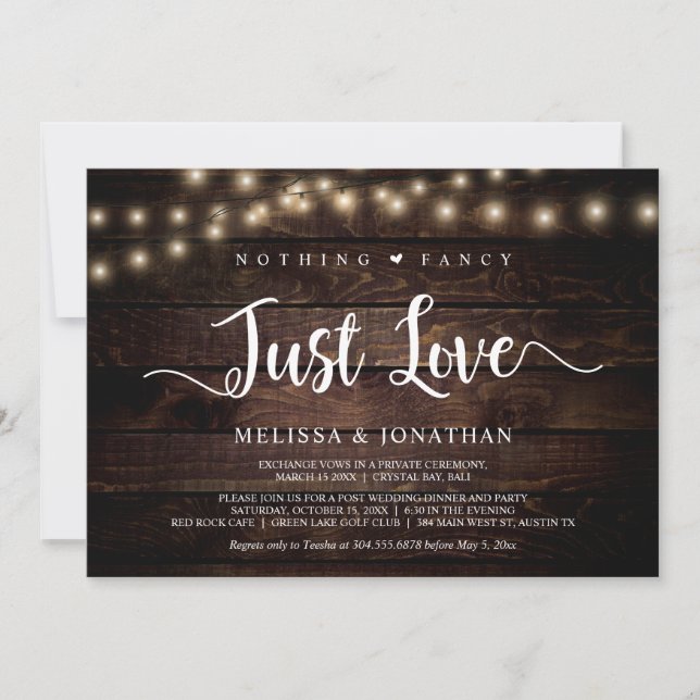 Nothing Fancy, Just Love, String Lights Elopement  Invitation (Front)