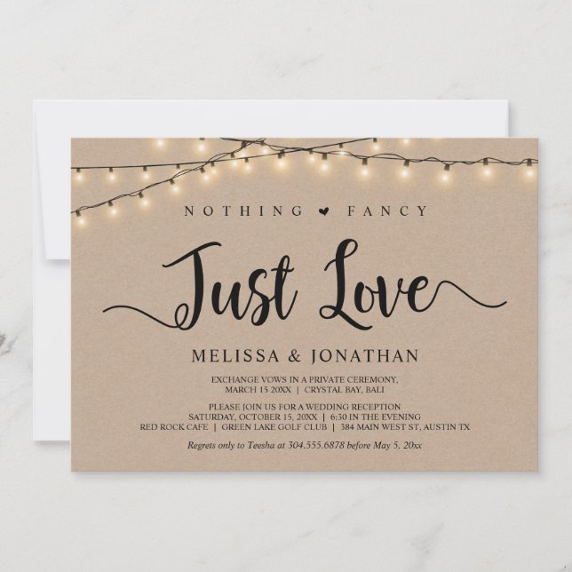 Nothing Fancy, Just Love, String Lights Elopement Invitation (Front)