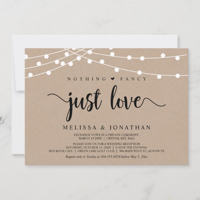 Nothing Fancy, Just Love, String Lights Elopement Invitation (Front)
