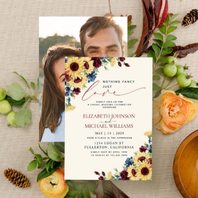 Nothing Fancy Just Love Sunflower Blue Burgundy Invitation (Creator Uploaded)
