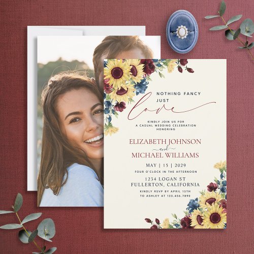 Nothing Fancy Just Love Sunflower Blue Burgundy Invitation