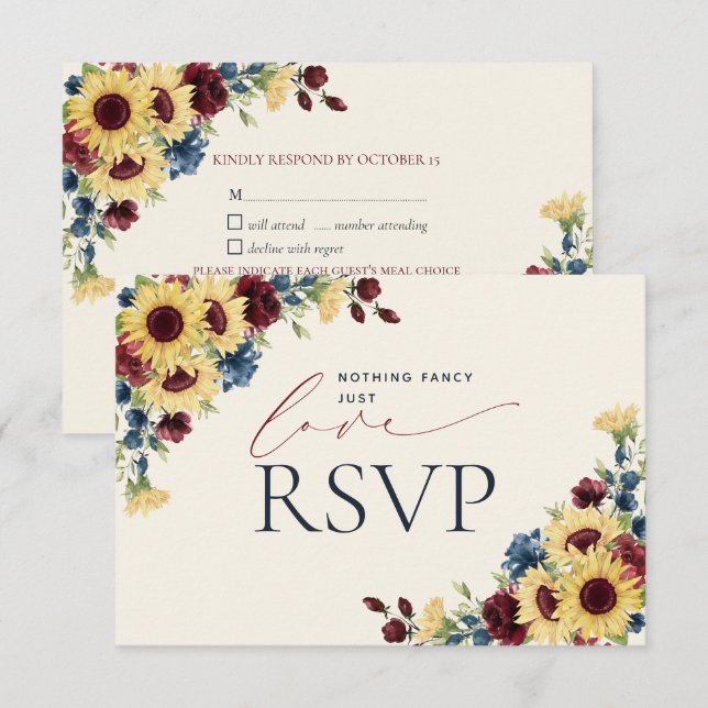 Nothing Fancy Just Love Sunflower Blue Burgundy RSVP Card (Front/Back)