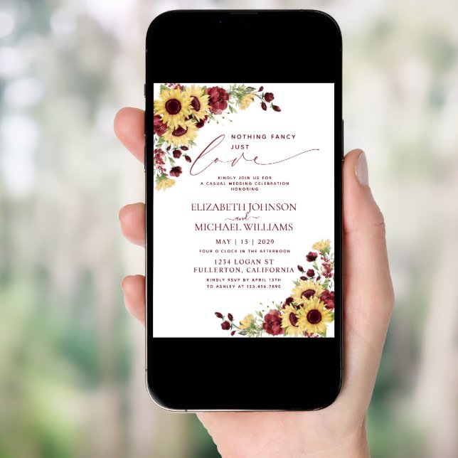 Nothing Fancy Just Love Sunflower Burgundy Wedding Invitation (Front Digital)