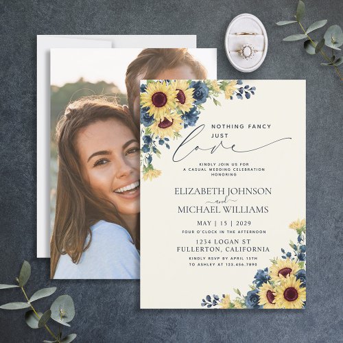 Nothing Fancy Just Love Sunflower Navy Blue Photo Invitation