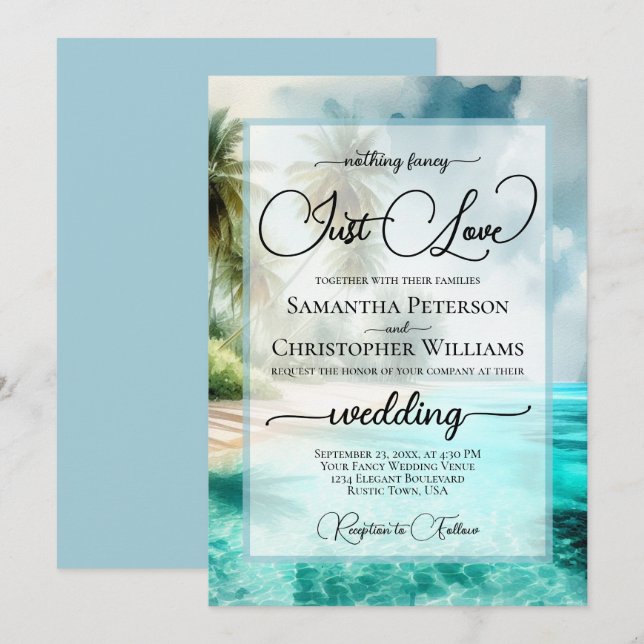 Nothing Fancy Just Love Tropical Beach Wedding Invitation (Front/Back)