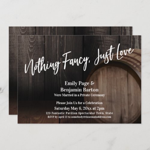 Nothing Fancy Just Love Typography Wood Barrel Invitation
