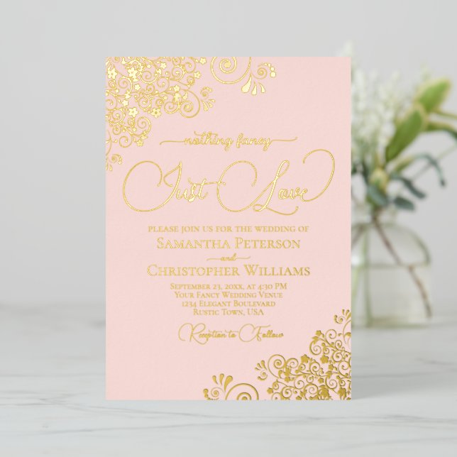Nothing Fancy Just Love Wedding Blush Pink & Gold Foil Invitation (Standing Front)