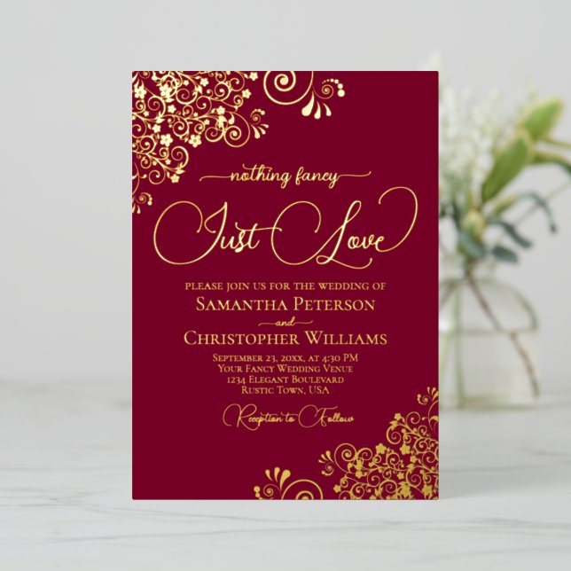 Nothing Fancy Just Love Wedding Burgundy & Gold Foil Invitation (Standing Front)