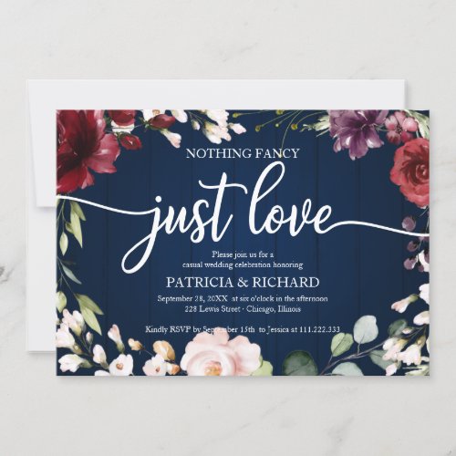 Nothing Fancy Just Love Wedding Burgundy Navy Blue Invitation