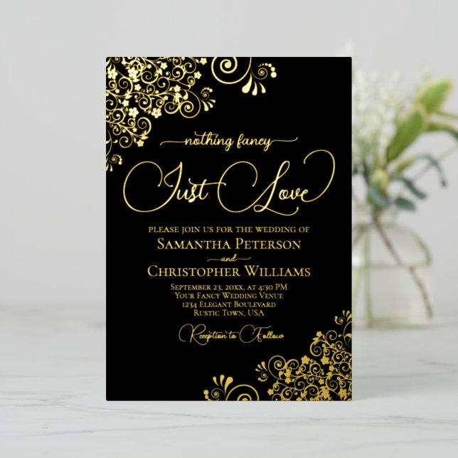 Nothing Fancy Just Love Wedding Classic Black Gold Foil Invitation (Standing Front)