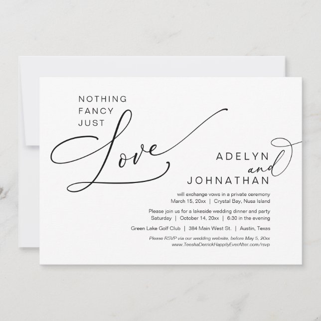 Nothing Fancy, Just Love, Wedding Elopement Dinner Invitation (Front)