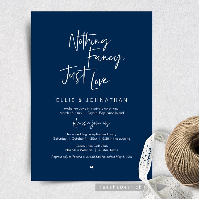 Nothing Fancy Just Love, Wedding Elopement Dinner Invitation (Nothing Fancy Just Love, Wedding Elopement Dinner or Brunch Invitation, in Classy Navy Blue Theme.)
