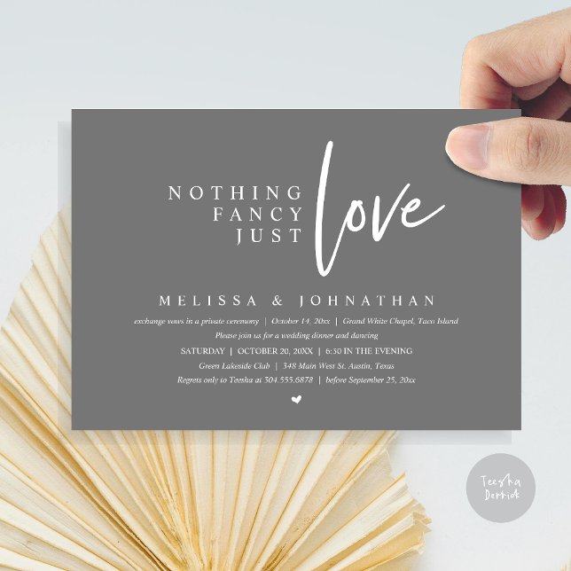 Nothing Fancy, Just Love Wedding Elopement Dinner Invitation (Nothing Fancy, Just Love Wedding Elopement Dinner Party Invitation Card, PDF, Dark Grey)