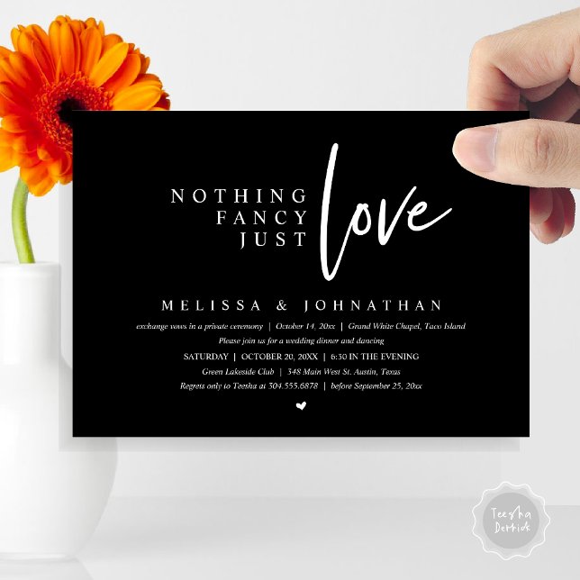 Nothing Fancy, Just Love Wedding Elopement Dinner Invitation (Nothing Fancy, Just Love Wedding Elopement Dinner Party Invitation Card, PDF, Classy Black)