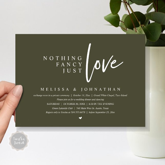 Nothing Fancy, Just Love Wedding Elopement Dinner Invitation (Nothing Fancy, Just Love Wedding Elopement Dinner Party Invitation Card, PDF, Olive Green)