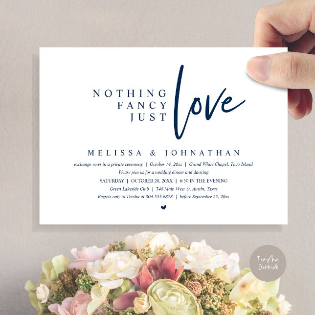 Nothing Fancy, Just Love Wedding Elopement Dinner Invitation (Nothing Fancy, Just Love Wedding Elopement Dinner Party Invitation Card, PDF, Navy Blue)