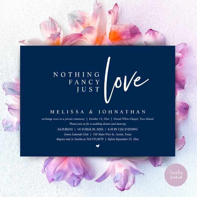 Nothing Fancy, Just Love Wedding Elopement Dinner Invitation (Nothing Fancy, Just Love Wedding Elopement Dinner Party Invitation Card, PDF, Navy Blue)