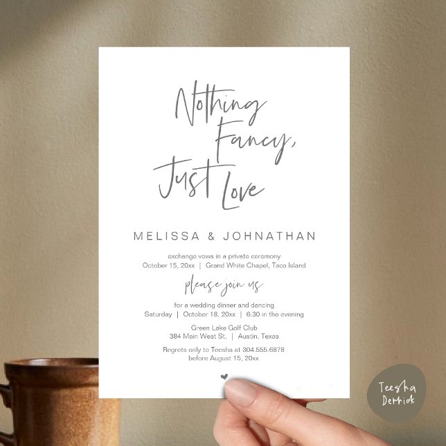 Nothing Fancy, Just Love, Wedding Elopement Dinner Invitation (Happily Ever After Party, Wedding Elopement Dinner Brunch Lunch Invitation Card, PDF, Dark Grey)