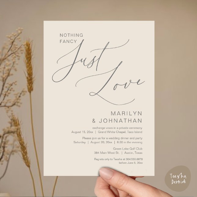 Nothing Fancy, Just Love, Wedding Elopement Dinner Invitation (Nothing Fancy, Just Love, Wedding Elopement Dinner Brunch Lunch Party Invites Card PDF, Cream Grey)