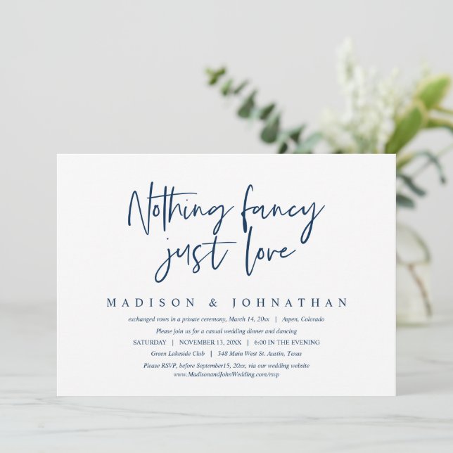 Nothing Fancy, Just Love, Wedding Elopement Invita Invitation (Standing Front)