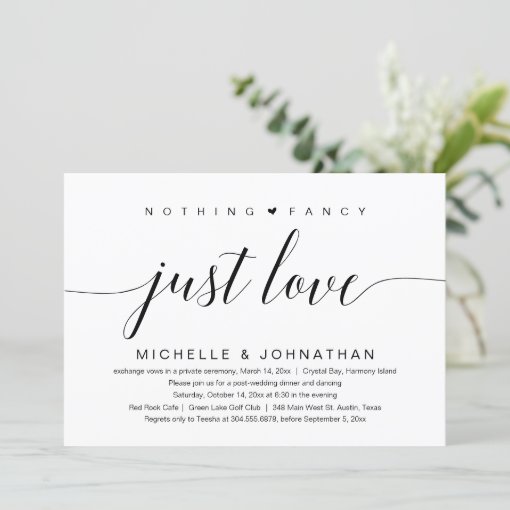 Nothing Fancy, Just Love, Wedding Elopement Invita Invitation | Zazzle