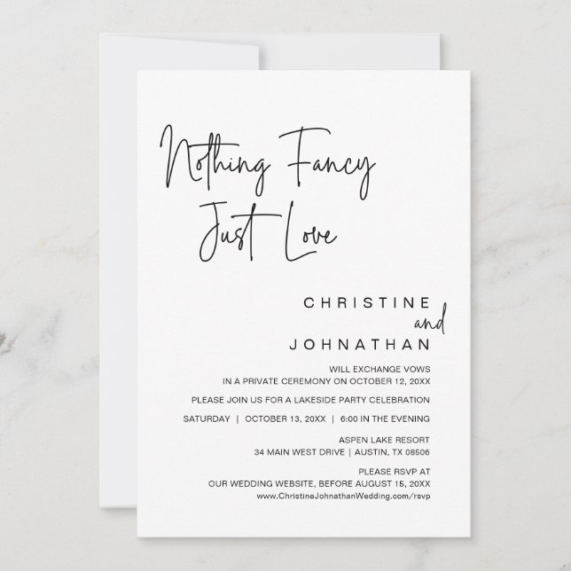 Nothing Fancy, Just Love, Wedding Elopement Party Invitation (Front)