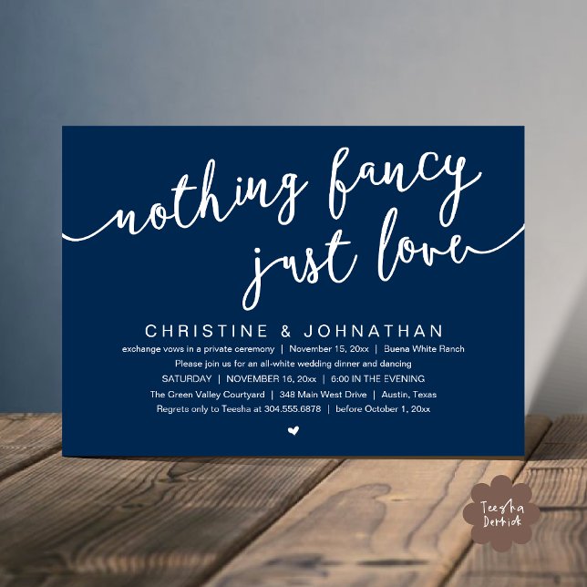 Nothing Fancy, Just Love, Wedding Elopement Party Invitation (Nothing Fancy, Just Love, Wedding Elopement Party Invites Card PDF Modern Cottage Rustic Navy Blue)