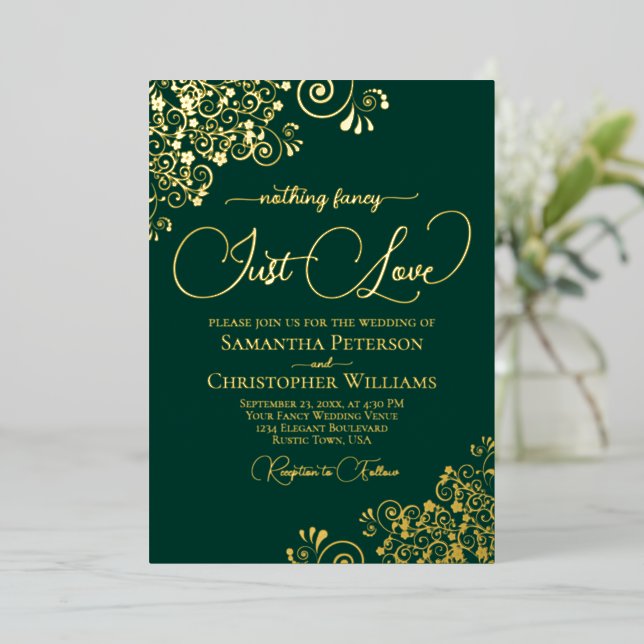 Nothing Fancy Just Love Wedding Emerald Green Gold Foil Invitation (Standing Front)