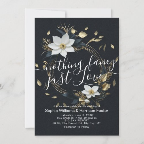 Nothing Fancy Just Love Wedding Gold Floral Wreath Invitation