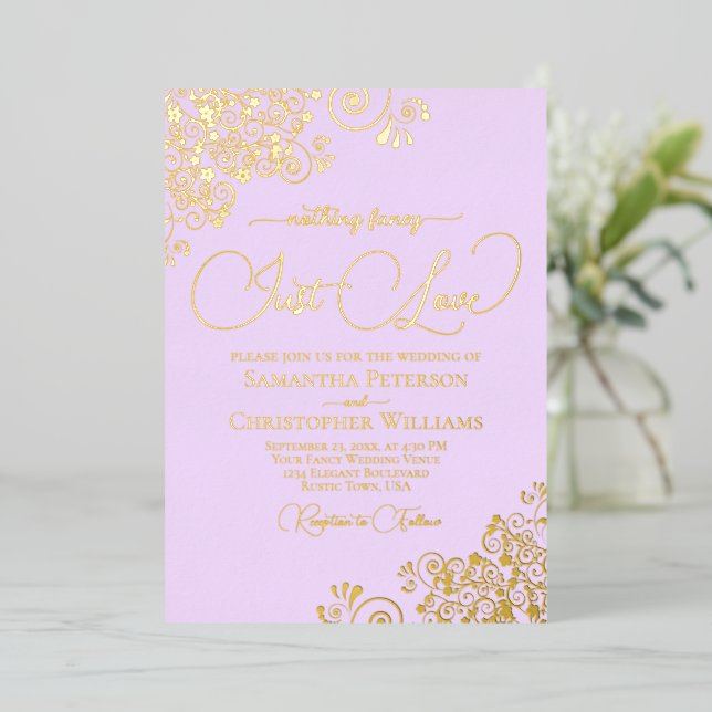 Nothing Fancy Just Love Wedding Lilac Purple Gold Foil Invitation (Standing Front)