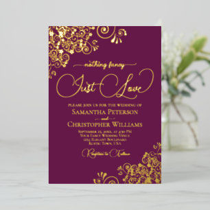 Nothing Fancy Just Love Wedding Magenta Plum Gold Foil Invitation