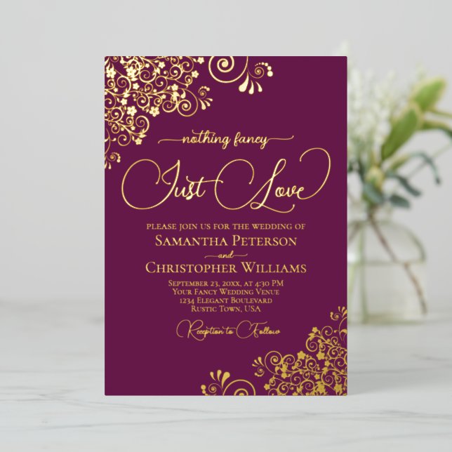 Nothing Fancy Just Love Wedding Magenta Plum Gold Foil Invitation (Standing Front)