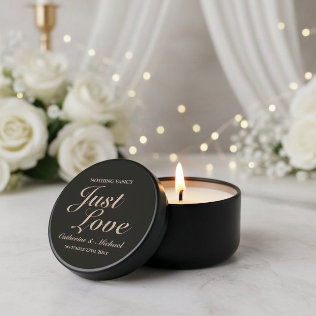 Nothing Fancy Just Love Wedding  Mini Candle Favors (Angled view romantic wedding candle favor with coffee brown bold typography)