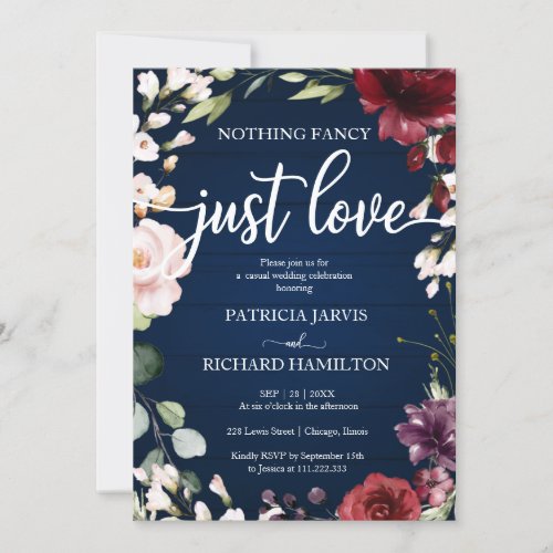 Nothing Fancy Just Love Wedding Navy Blue Floral Invitation