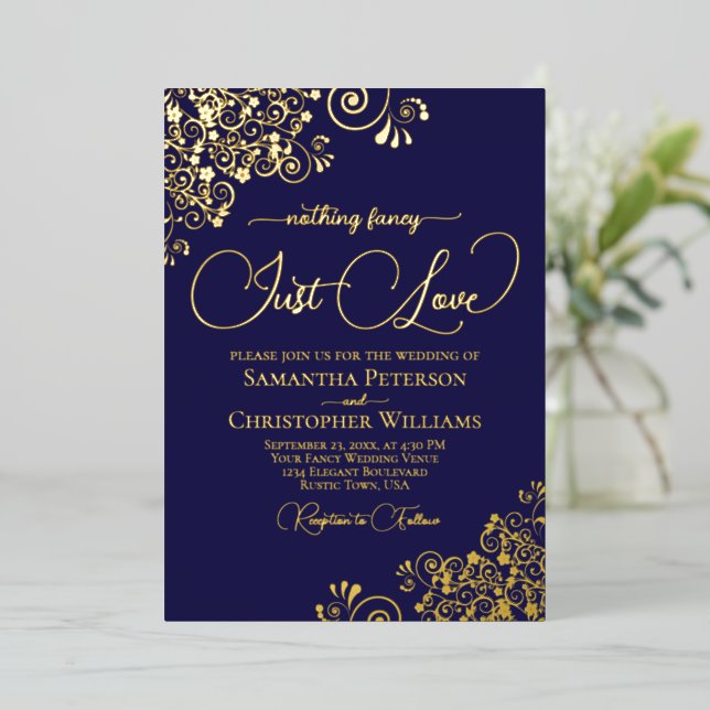 Nothing Fancy Just Love Wedding Navy Blue & Gold Foil Invitation (Standing Front)
