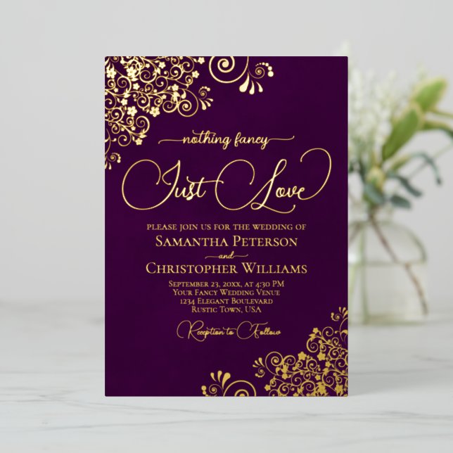 Nothing Fancy Just Love Wedding Plum Purple & Gold Foil Invitation (Standing Front)