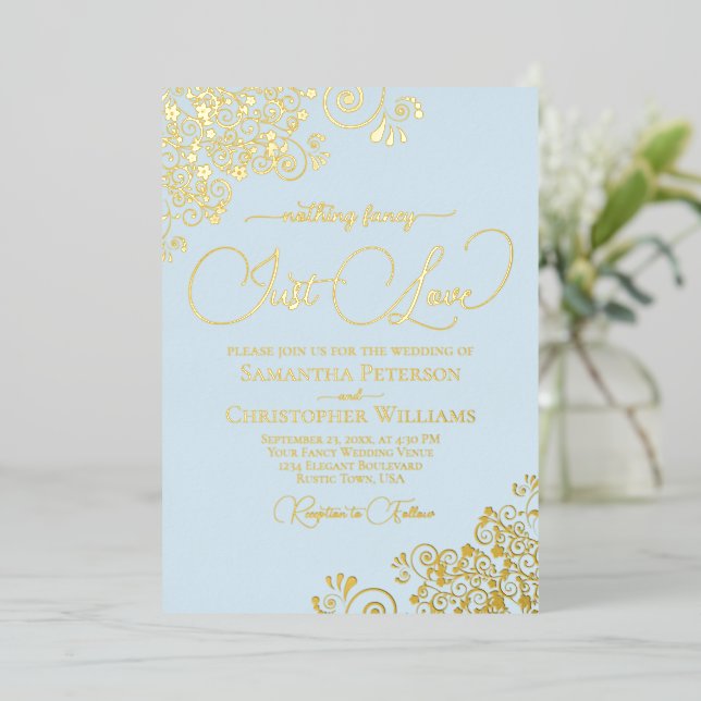 Nothing Fancy Just Love Wedding Powder Blue & Gold Foil Invitation (Standing Front)