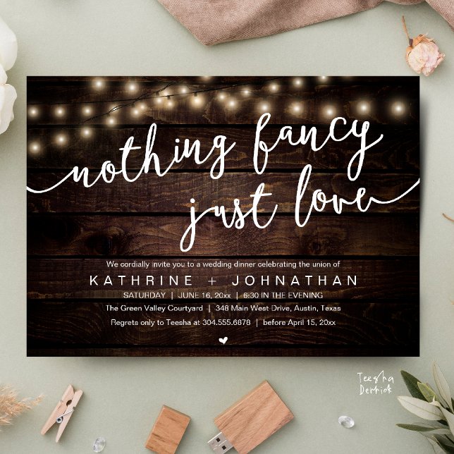 Nothing Fancy, Just Love, Wedding Reception Dinner Invitation (Nothing Fancy, Just Love, Wedding Reception Dinner Invitation Card String Lights Brown Wood)