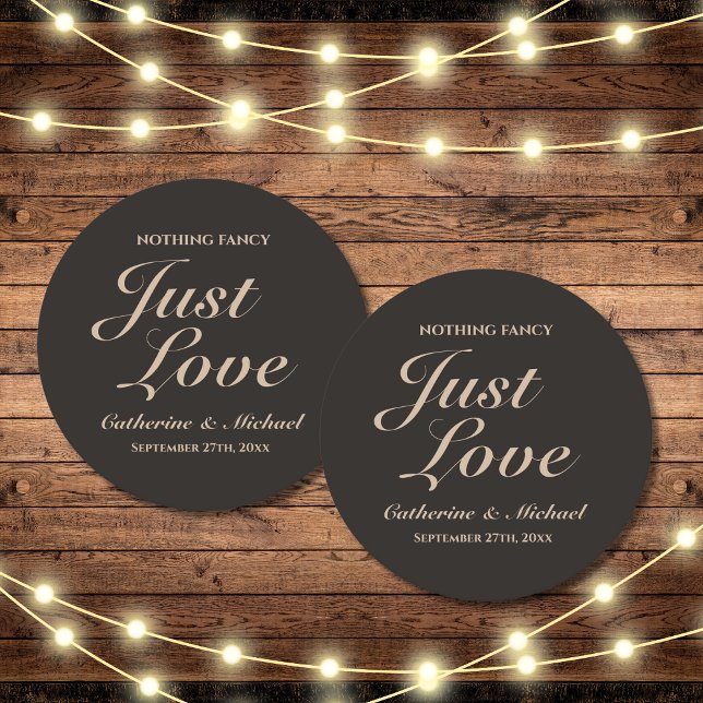 Nothing Fancy Just Love Wedding  Round Paper Coaster (Top view rustic country wedding coffee brown wedding calligraphy simple elegant modern coaster)