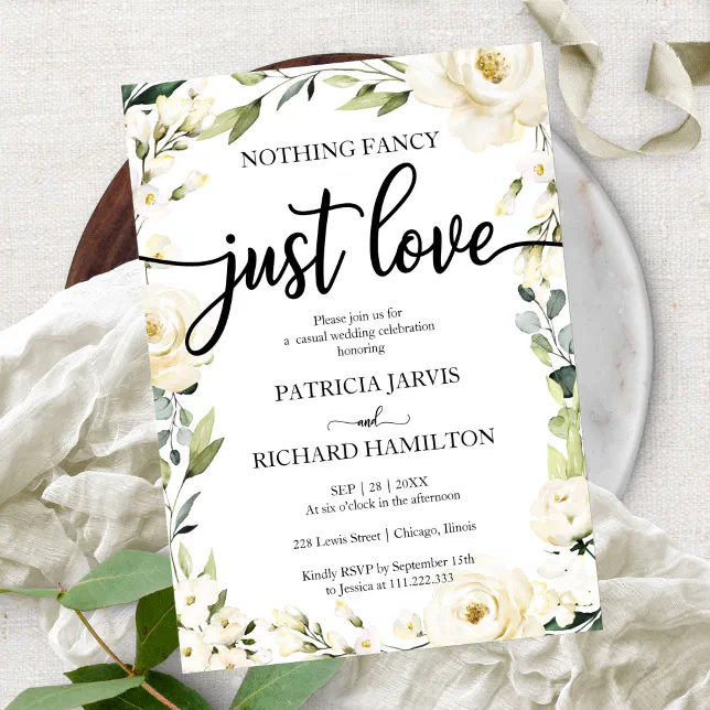 Nothing Fancy Just Love Wedding White Cream Floral Invitation