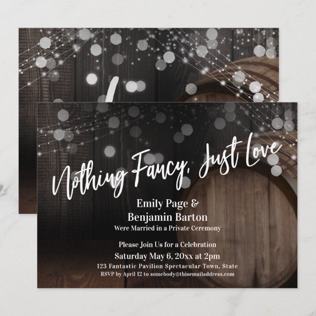 Nothing Fancy Just Love Wood Barrel & Lights Invitation (Front/Back)