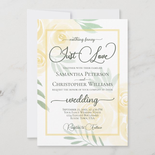 Nothing Fancy Just Love Yellow Boho Roses Wedding Invitation (Front)