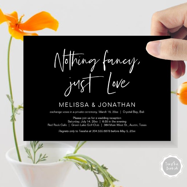 Nothing Fncy' Just Love, Wedding Elopement Party Invitation (Nothing Fancy Just Love, Wedding Elopement Dinner Party Invitation Card, PDF, Modern, Classy Black)