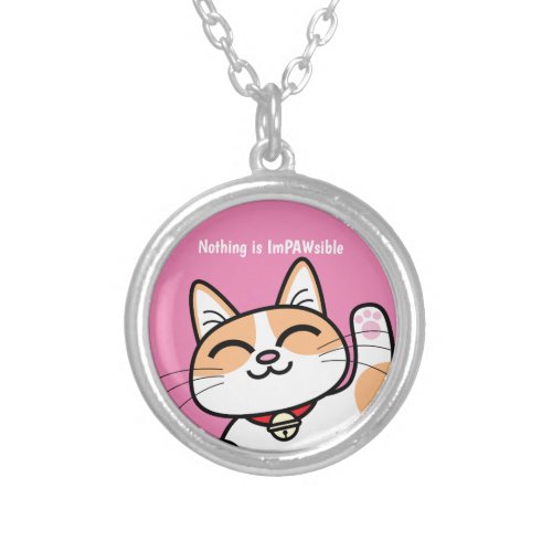 Nothing is ImPawsible Cute Funny Cat Slogan Silver Plated Necklace