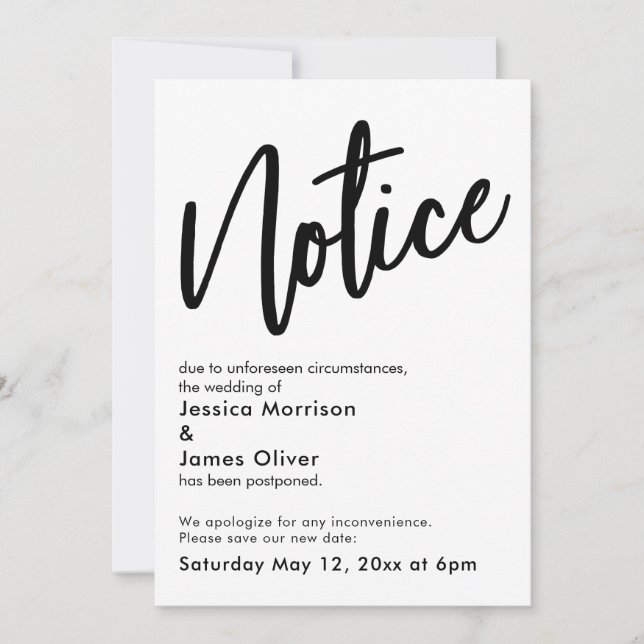 Notice Black White Postponed Wedding Announcement (Front)