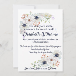 Notice of Death Funeral Arrangement Card