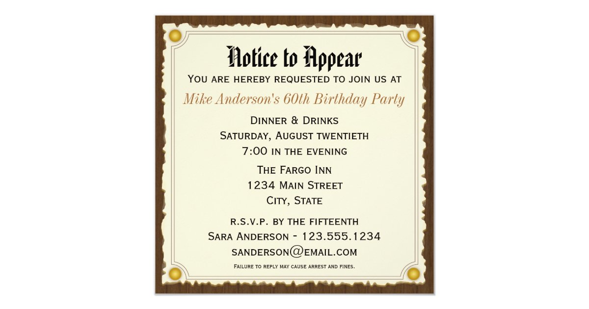 Notice to Appear Birthday Party invitation | Zazzle.com