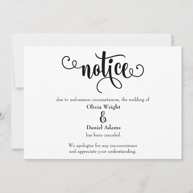 Notice Typography Canceled Wedding Announcement (Front)
